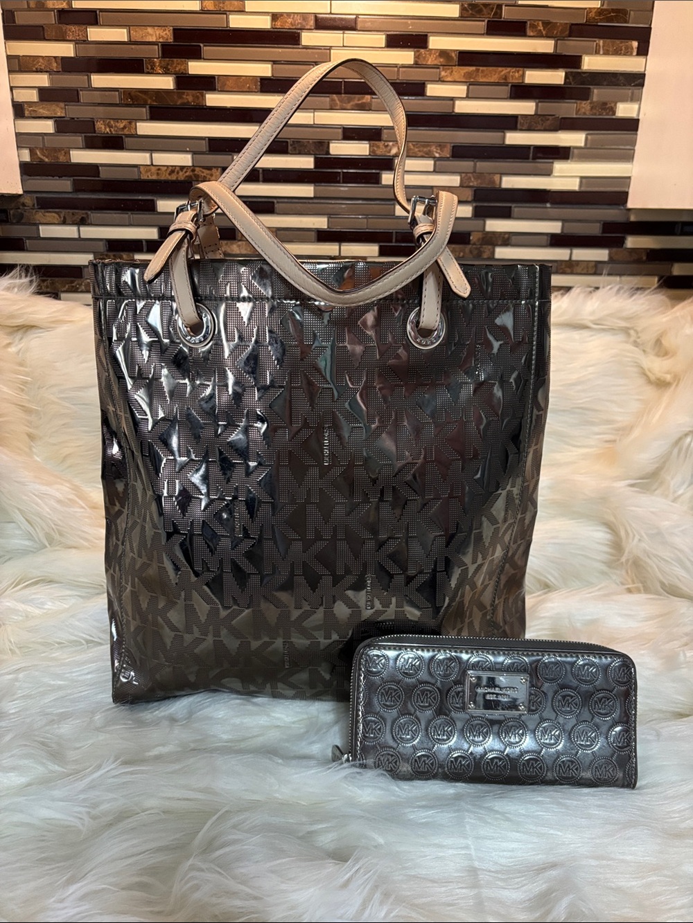 MK Logo Metallic Tote with Matching Wallet - Bronze